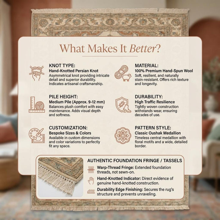 Translation missing: en.Hand Knotted Oushak Rug Vintage Style – Neutral Floral Medallion Wool Rug for Living Room __etsy:8030592695