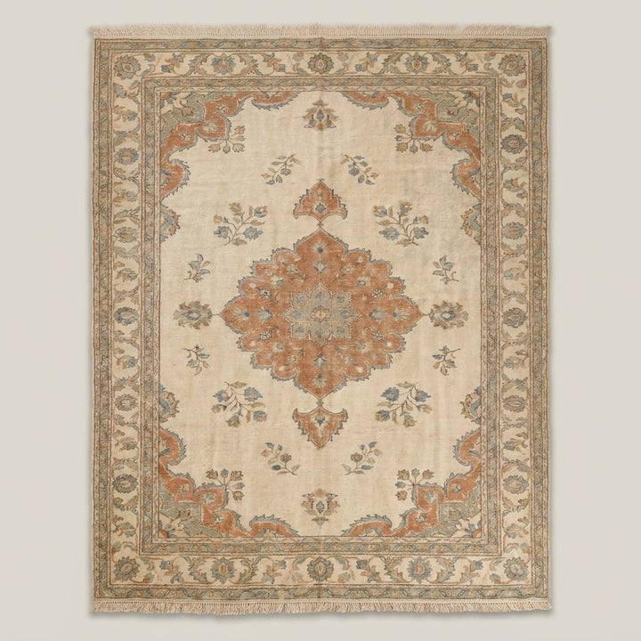 Translation missing: en.Vintage style wool rug with central medallion and floral motifs placed under seating area in a cozy interior __etsy:7982646716