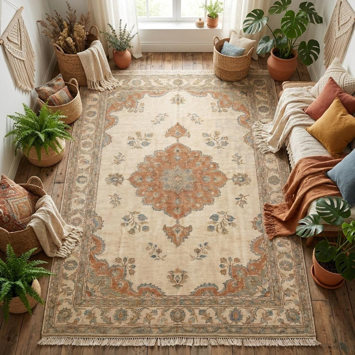 Translation missing: en.Neutral beige and terracotta wool rug complementing wooden floors and classic furniture setting __etsy:7982646736