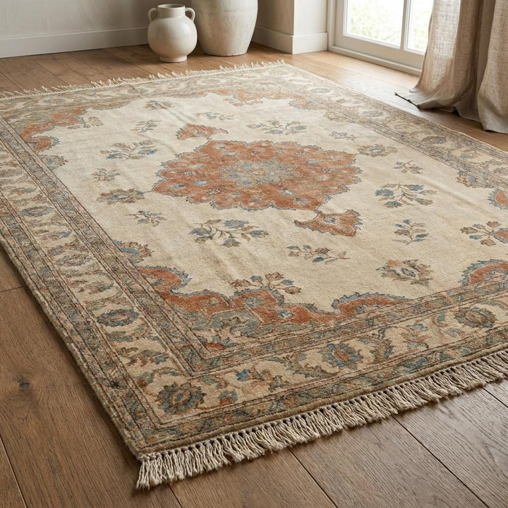 Translation missing: en.Artisan handmade rug showcasing detailed border design and soft aged color palette __etsy:8030592493