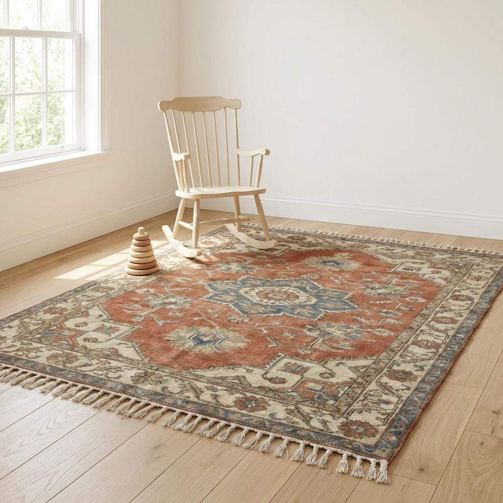 Translation missing: es.Hand Knotted Oushak Rug - Vintage Style Wool Area Rug in Muted Terracotta &amp; Blue - Large Artisan Living Room or Bedroom Carpet