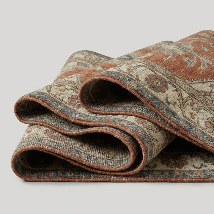 Translation missing: es.Hand Knotted Oushak Rug - Vintage Style Wool Area Rug in Muted Terracotta &amp; Blue - Large Artisan Living Room or Bedroom Carpet