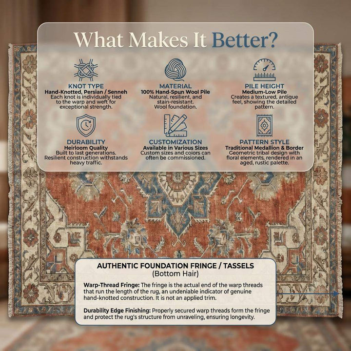 Translation missing: es.Hand Knotted Oushak Rug - Vintage Style Wool Area Rug in Muted Terracotta &amp; Blue - Large Artisan Living Room or Bedroom Carpet