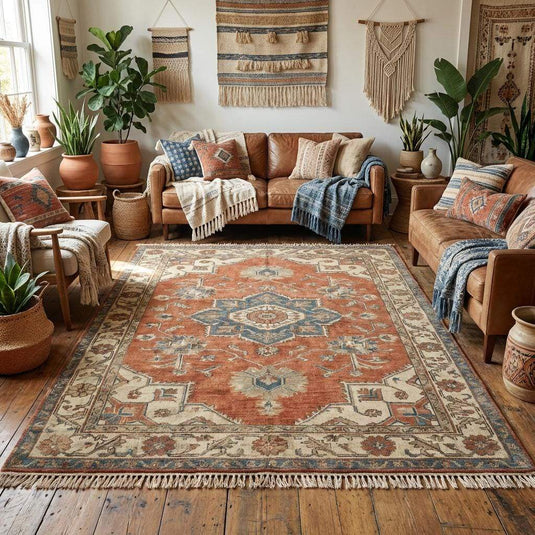 Translation missing: es.Detailed section of the complex floral border and central medallion motif on the hand-woven Persian style rug