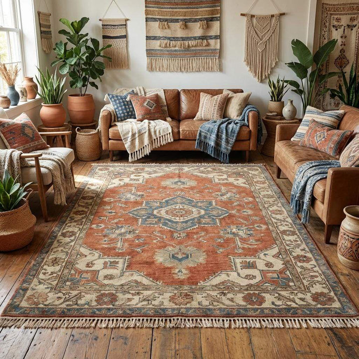 Translation missing: es.Detailed section of the complex floral border and central medallion motif on the hand-woven Persian style rug