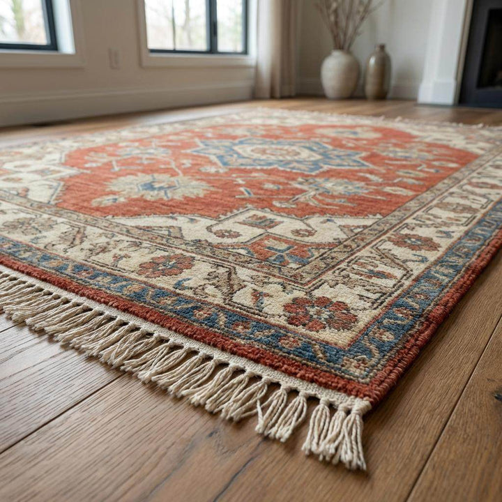 Translation missing: es.Hand knotted artisan rug adding warmth and traditional character to a farmhouse style living space with natural light