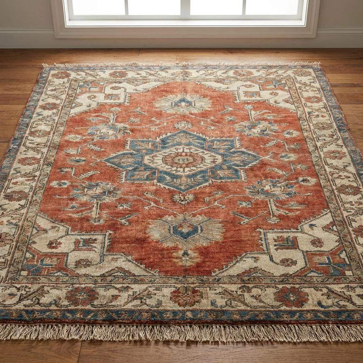 Translation missing: es.Full overhead view of the rectangular hand knotted wool rug, displaying the complete muted Oushak design and color palette