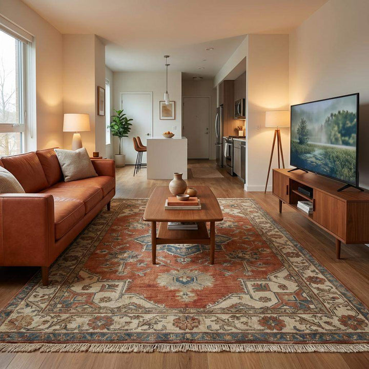 Translation missing: es.Hand Knotted Oushak Rug - Vintage Style Wool Area Rug in Muted Terracotta &amp; Blue - Large Artisan Living Room or Bedroom Carpet
