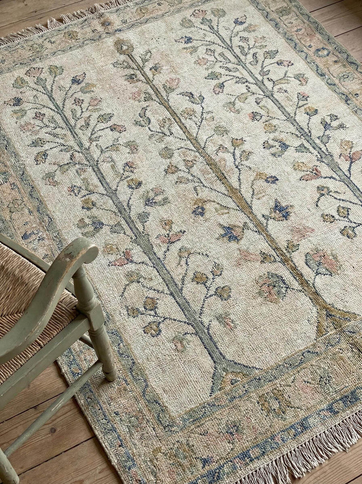 Translation missing: es.Hand knotted Oushak rug with Tree of Life and Cypress design in muted beige, green, and blue wool, vintage Turkish style runner for farmhouse decor