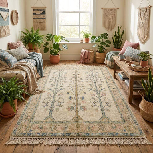 Translation missing: es.Detail shot of stylized cypress tree motifs and floral borders woven into a cream wool background