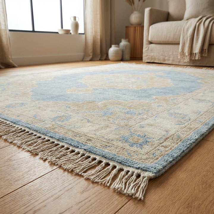 Translation missing: es.Hand Knotted Oushak Rug 8x10 Blue Wool Area Rug, Turkish Style Medallion Carpet, Neutral Living Room Rug, Custom Size Available