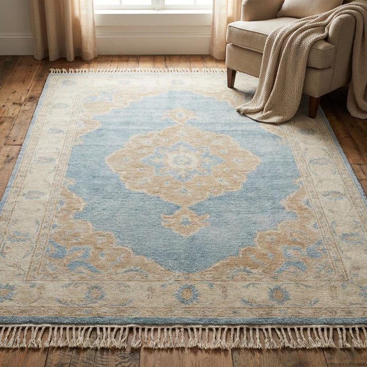 Translation missing: es.Hand Knotted Oushak Rug 8x10 Blue Wool Area Rug, Turkish Style Medallion Carpet, Neutral Living Room Rug, Custom Size Available