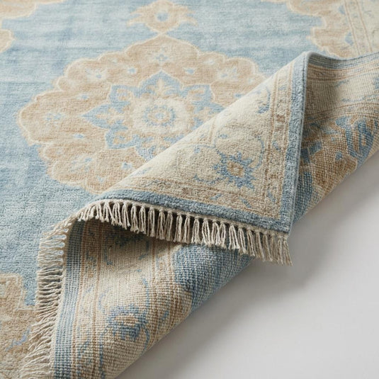 Translation missing: es.Hand Knotted Oushak Rug 8x10 Blue Wool Area Rug, Turkish Style Medallion Carpet, Neutral Living Room Rug, Custom Size Available