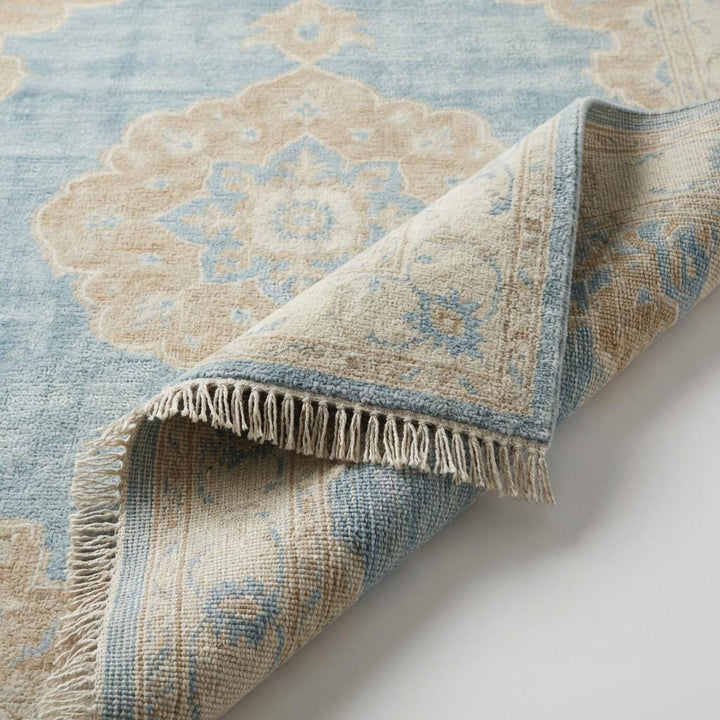 Translation missing: es.Hand Knotted Oushak Rug 8x10 Blue Wool Area Rug, Turkish Style Medallion Carpet, Neutral Living Room Rug, Custom Size Available