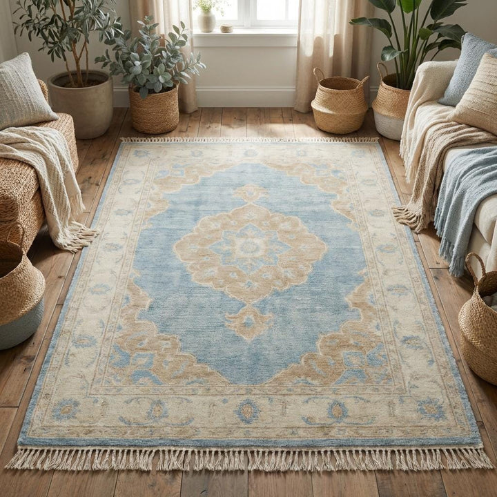 Translation missing: es.Traditional Turkish style hand knotted rug with sky blue field and neutral border ideal for living room décor