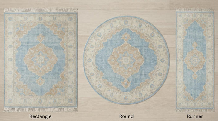 Translation missing: es.Hand Knotted Oushak Rug 8x10 Blue Wool Area Rug, Turkish Style Medallion Carpet, Neutral Living Room Rug, Custom Size Available