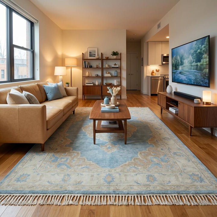 Translation missing: es.Luxury wool Oushak rug featuring faded pastel blue tones and classic center medallion design