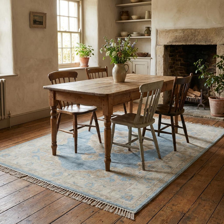 Translation missing: es.Hand Knotted Oushak Rug 8x10 Blue Wool Area Rug, Turkish Style Medallion Carpet, Neutral Living Room Rug, Custom Size Available