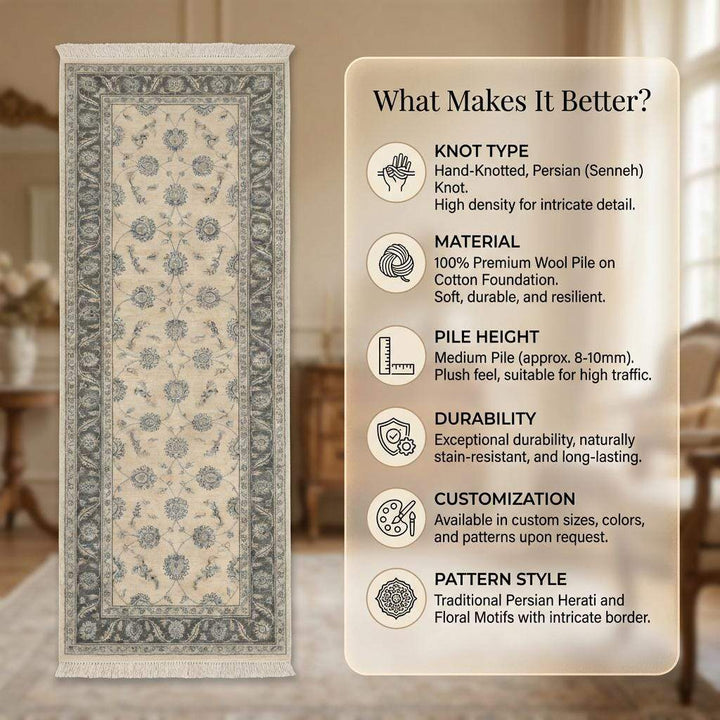 Translation missing: es.Hand Knotted Oushak Runner Rug, Wool Floral Kitchen Hallway Carpet