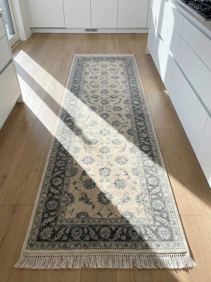Translation missing: es.Hand Knotted Oushak Runner Rug with wool floral design on ivory background for kitchen and hallway decor