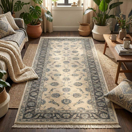 Translation missing: es.Long narrow hand knotted runner rug styled on light wood flooring