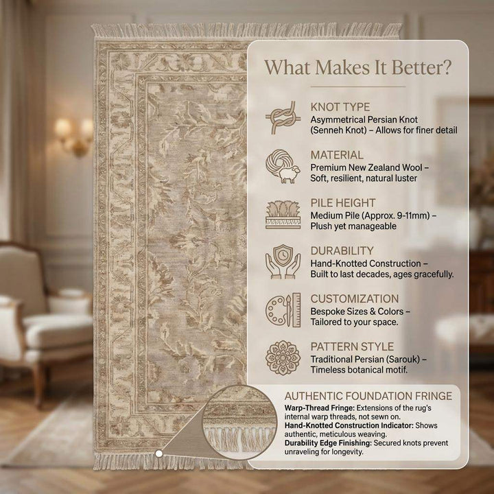 Translation missing: en.Hand Knotted Oushak Style Rug Neutral Beige Floral Vintage Wool Area Rug Living Room Handmade Persian Inspired Carpet 9x12 , 8x10