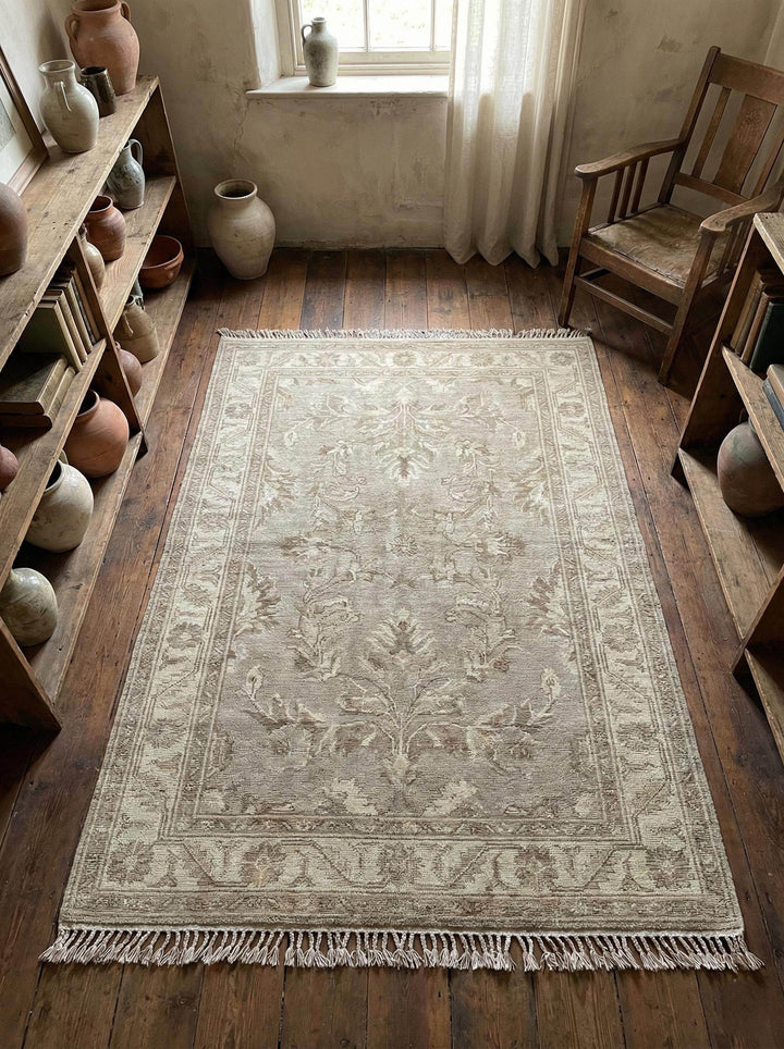 Translation missing: en.Hand knotted Oushak style wool rug in neutral beige with vintage floral design, handmade Persian-inspired area rug 9x12 and 8x10 sizes
