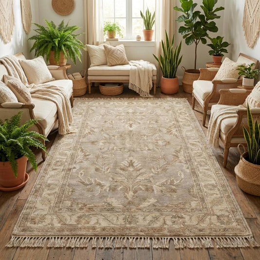 Translation missing: es.Soft beige handmade wool rug creating calm minimalist interior foundation in sunlit reading corner