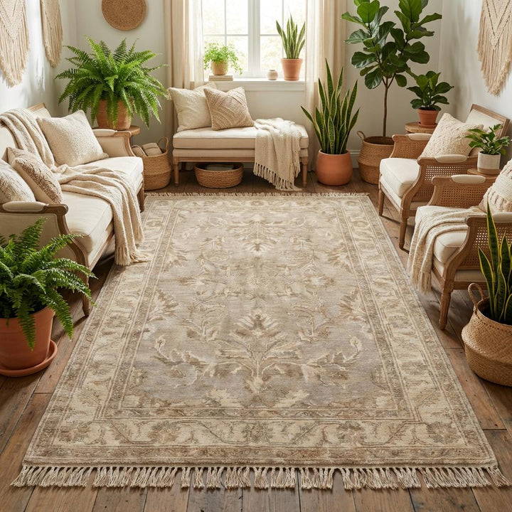 Translation missing: en.Soft beige handmade wool rug creating calm minimalist interior foundation in sunlit reading corner