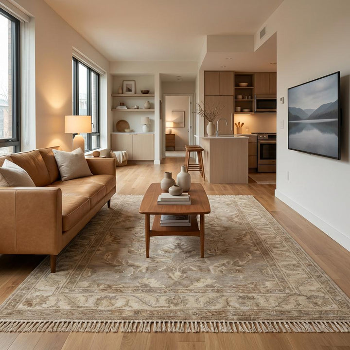 Translation missing: en.Traditional floral hand knotted area rug suitable for living room, bedroom, or dining space with timeless neutral palette