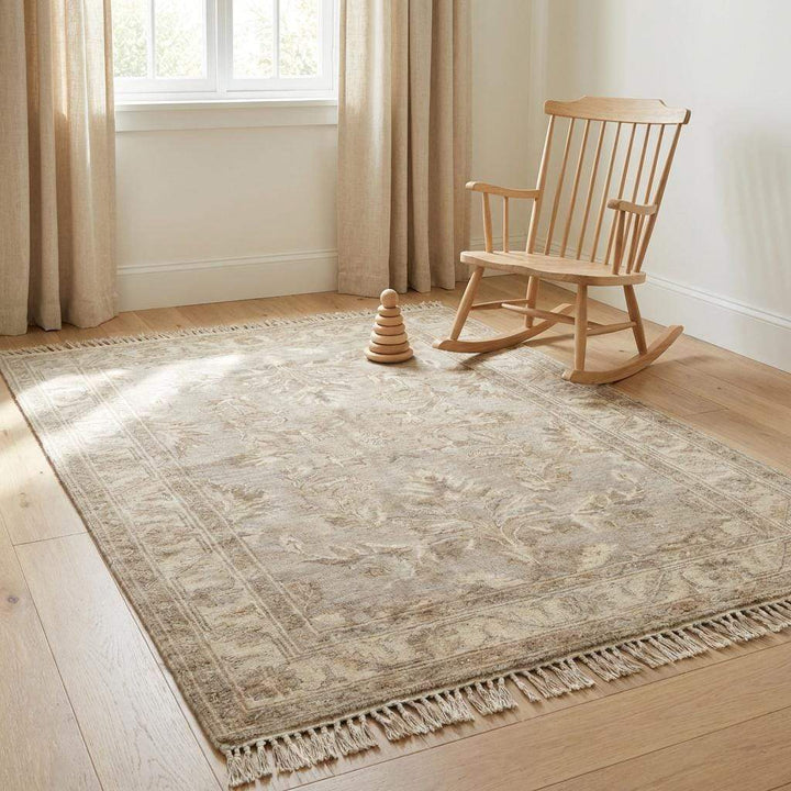 Translation missing: en.Hand Knotted Oushak Style Rug Neutral Beige Floral Vintage Wool Area Rug Living Room Handmade Persian Inspired Carpet 9x12 , 8x10