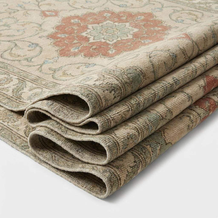 Translation missing: en.Hand Knotted Oushak Style Wool Rug, Floral Medallion Area Carpet