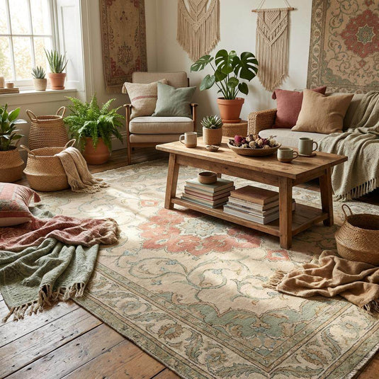 Translation missing: en.Ivory wool area rug with sage green and rust accents for classic living room décor