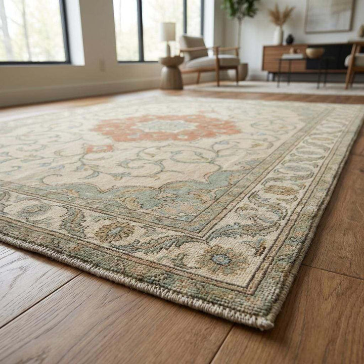 Translation missing: en.Artisan hand knotted wool carpet showcasing detailed floral pattern and soft pile texture