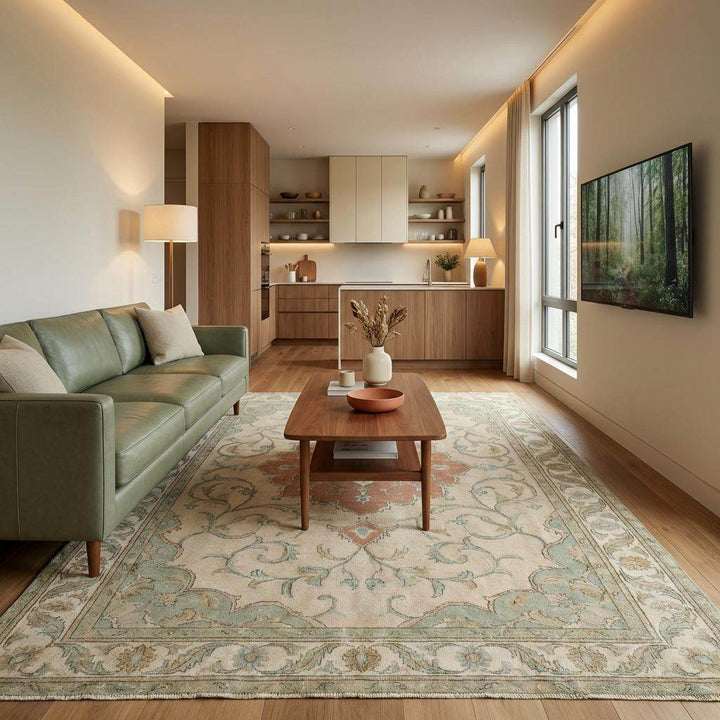 Translation missing: en.Elegant Oushak style rug styled on neutral floor highlighting handmade craftsmanship