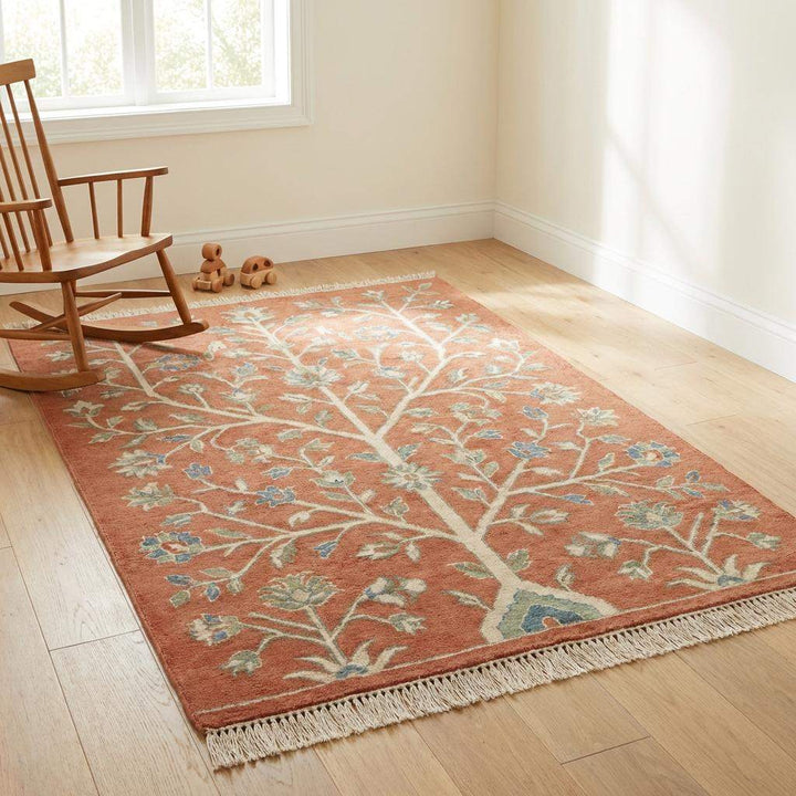 Translation missing: es.Hand Knotted Oushak Tree of Life Wool Area Rug in Terracotta