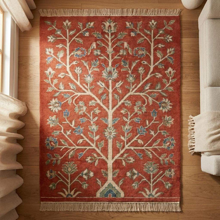 Translation missing: es.Hand Knotted Oushak Tree of Life Wool Area Rug in Terracotta