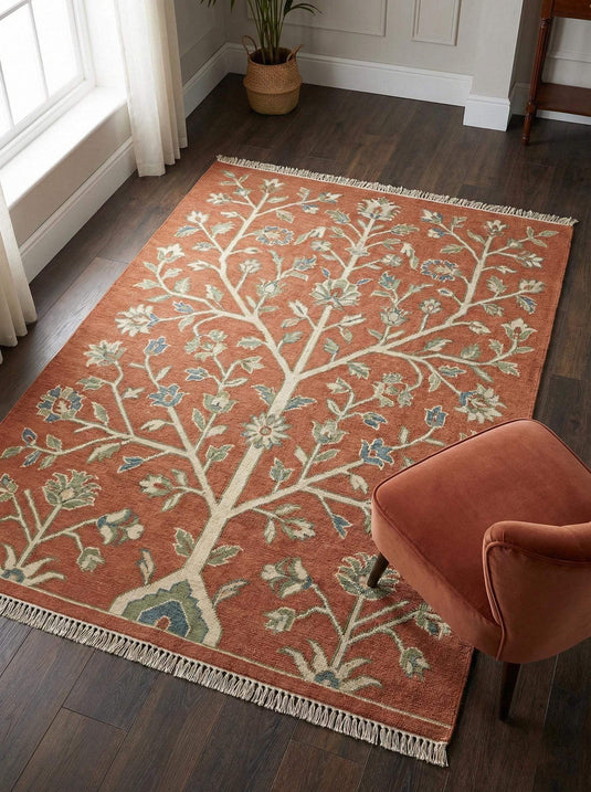 Translation missing: es.Hand knotted Oushak wool rug with Tree of Life design in terracotta