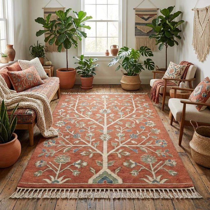 Translation missing: es.Rectangular hand knotted wool area rug styled in a warm living room interior