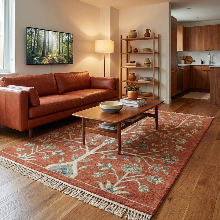 Translation missing: es.Premium hand knotted wool rug highlighting natural color variations and handmade detailing