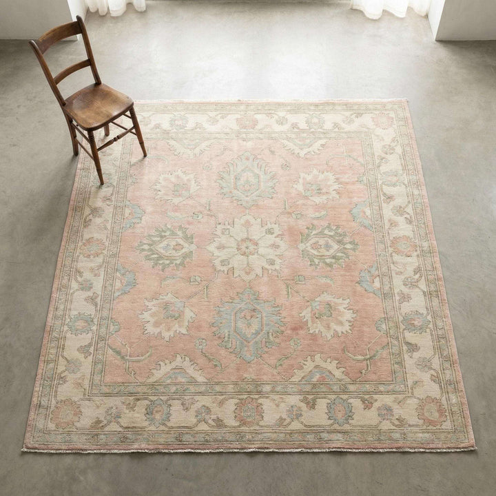 Translation missing: en.Hand Knotted Oushak Turkish floral wool area rug in soft pastel colors with classic design