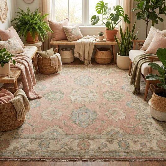 Translation missing: es.Hand knotted floral area rug styled in a minimal living space, highlighting soft pastel colors and elegant traditional Oushak pattern