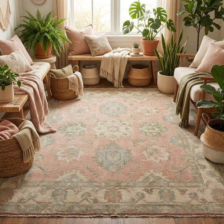 Translation missing: en.Hand knotted floral area rug styled in a minimal living space, highlighting soft pastel colors and elegant traditional Oushak pattern