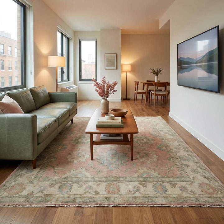 Translation missing: en.Soft pastel hand knotted wool rug featuring blush pink field with ivory, sage green, and muted aqua accents