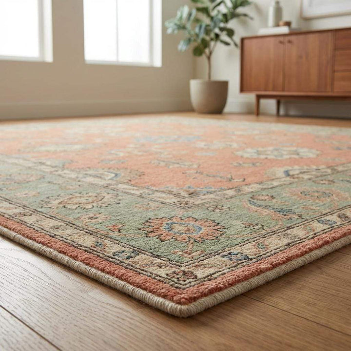 Translation missing: en.Hand Knotted Oushak Turkish Rug Wool Peach Sage Floral Area Rugs for Living Room Bedroom
