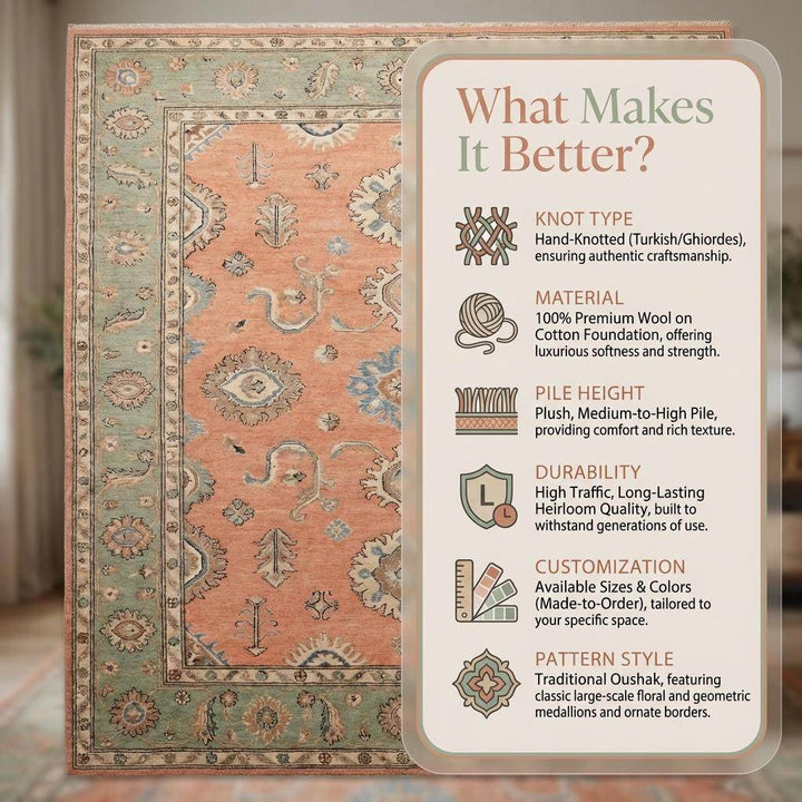 Translation missing: en.Hand Knotted Oushak Turkish Rug Wool Peach Sage Floral Area Rugs for Living Room Bedroom