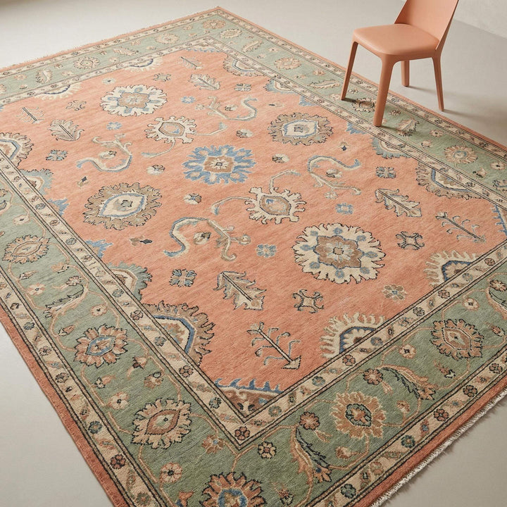 Translation missing: es.Hand knotted Oushak wool rug with peach and sage floral design for living room and bedroom