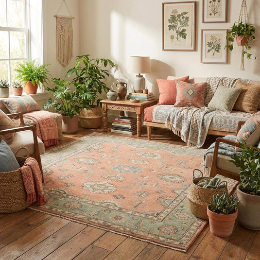 Translation missing: es.Traditional hand knotted Oushak rug styled in a modern living room, highlighting soft peach and sage green tones as a statement floor piece