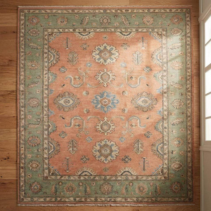Translation missing: en.Hand Knotted Oushak Turkish Rug Wool Peach Sage Floral Area Rugs for Living Room Bedroom
