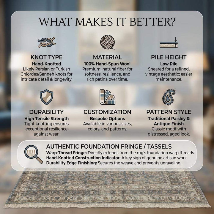 Translation missing: es.Hand Knotted Oushak Wool Area Rug, Blue Paisley Traditional Living Room Carpet